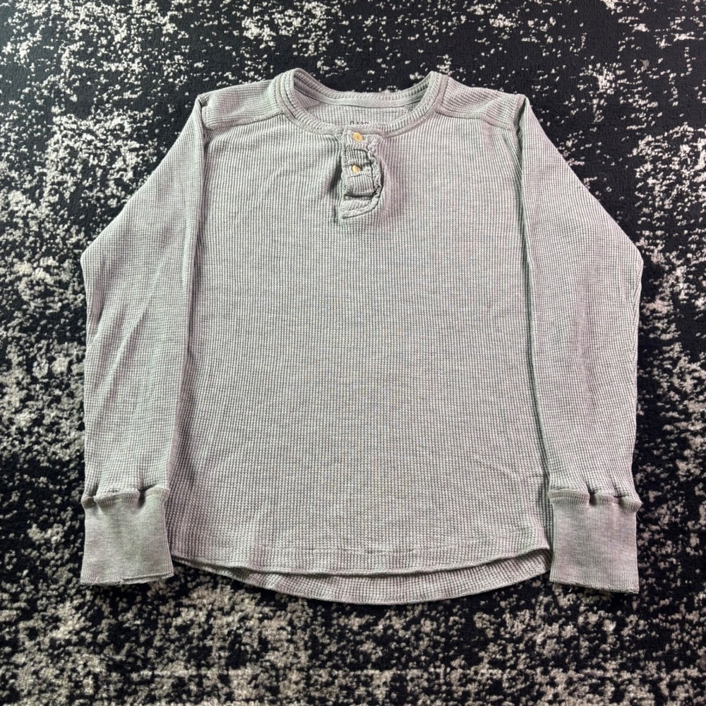 Carbon Mens Grey Waffle Knit Thermal Henley Shirt Long Sleeve Y2K Grunge Large